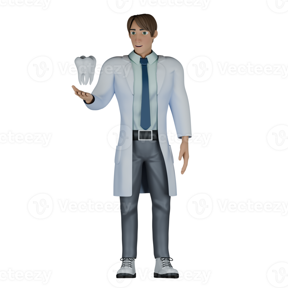 Professional Male in 3D. A male doctor is standing and his right hand is raised upwards with his palm facing upwards while above his hand there is a tooth floating png