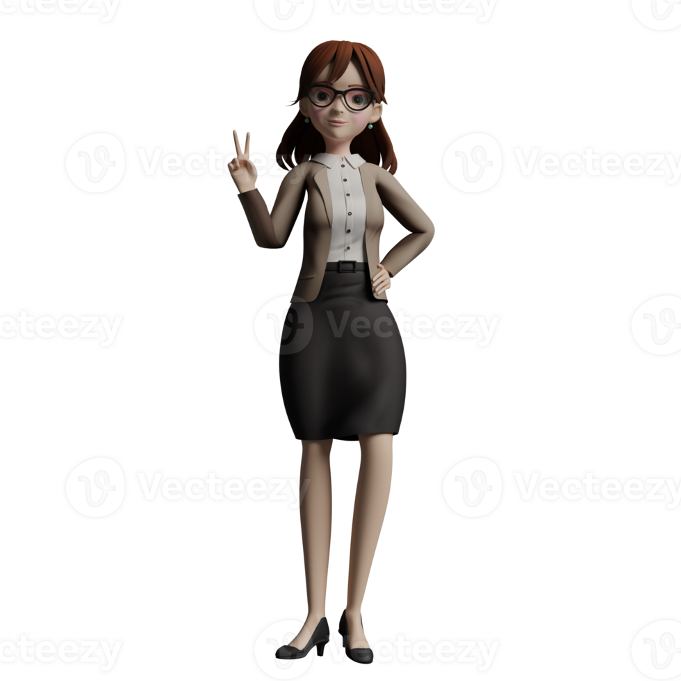 female Teacher Character. A female teacher stands while showing a peace or two fingers sign with her right hand while her left hand is on her waist. 3D Classroom Style png
