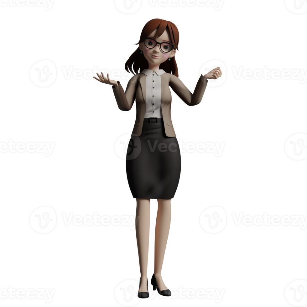 Teacher Character 3D. A female teacher stands with both hands raised with an expression as if she is giving an explanation or presentation. Illustrated female Educator png