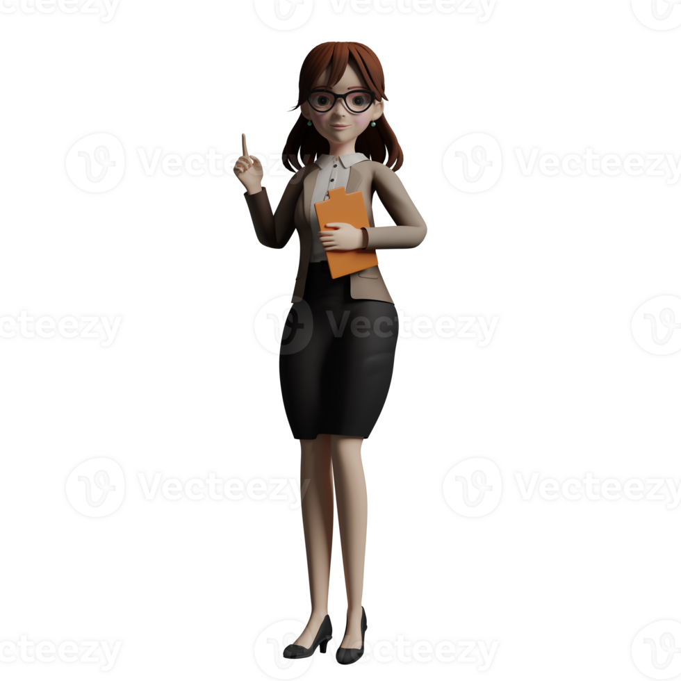 3D Cartoon School Teacher. A female teacher stands with her left hand carrying a clipboard while her right hand points up. Educating Scene png