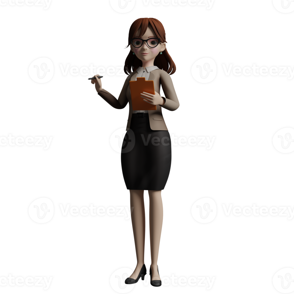 Female teacher in action. The female teacher stands with her right hand holding a pen while her left hand carries a clipboard. 3D Learning Scene png