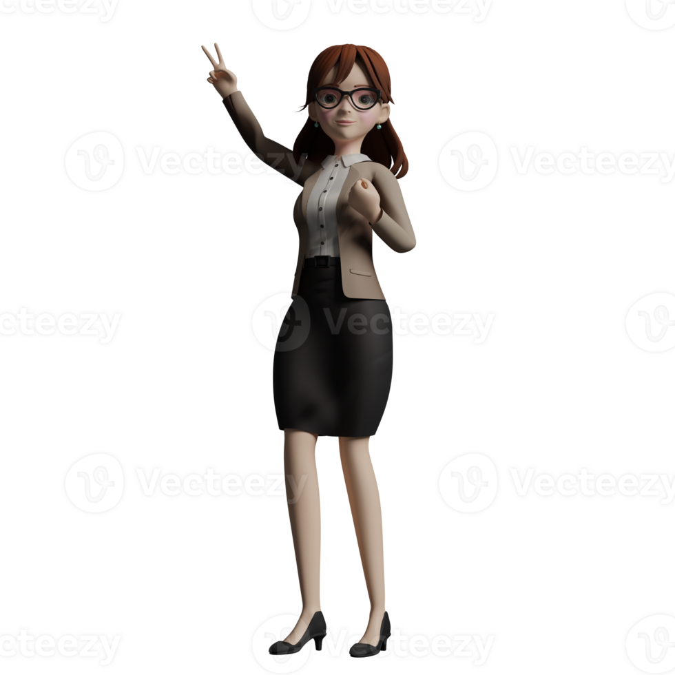 Cartoon female Teacher. A female teacher stands while raising her hands showing a sign peace or two fingers in a V shape while the other hand is beside the chest with the palm clenched. png