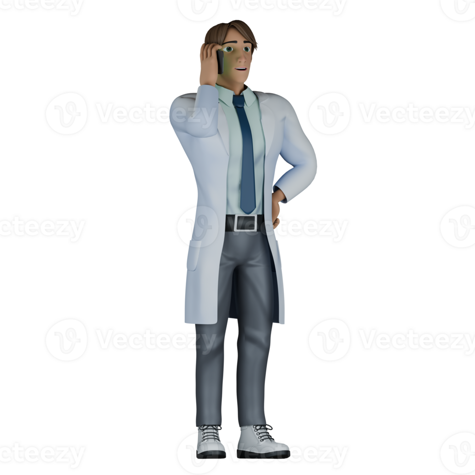 Professional Male in Medicine. A male doctor stands with his right hand carrying a cellphone placed on his ear while his left hand is on his waist. 3D Doctor Cartoon png