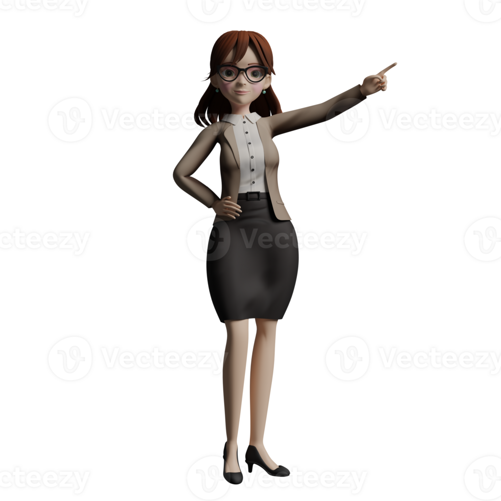 3D Model of Cartoon Teacher. A female teacher stands with her right hand on her waist while her left hand points up. Classroom Expert png