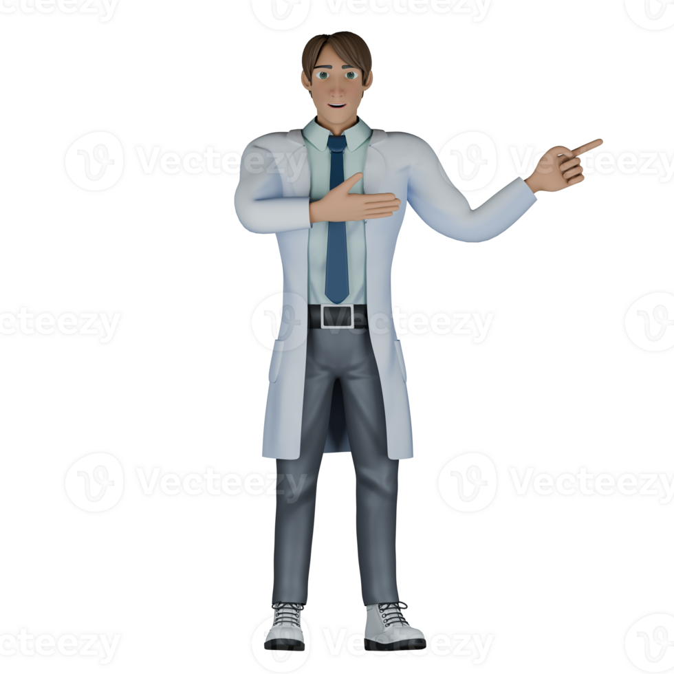 Male Doctor Cartoon Character. A male doctor standing while his right hand in front of his chest with his palm facing up and his left hand pointing to the left with his index finger. 3D Healthcare png