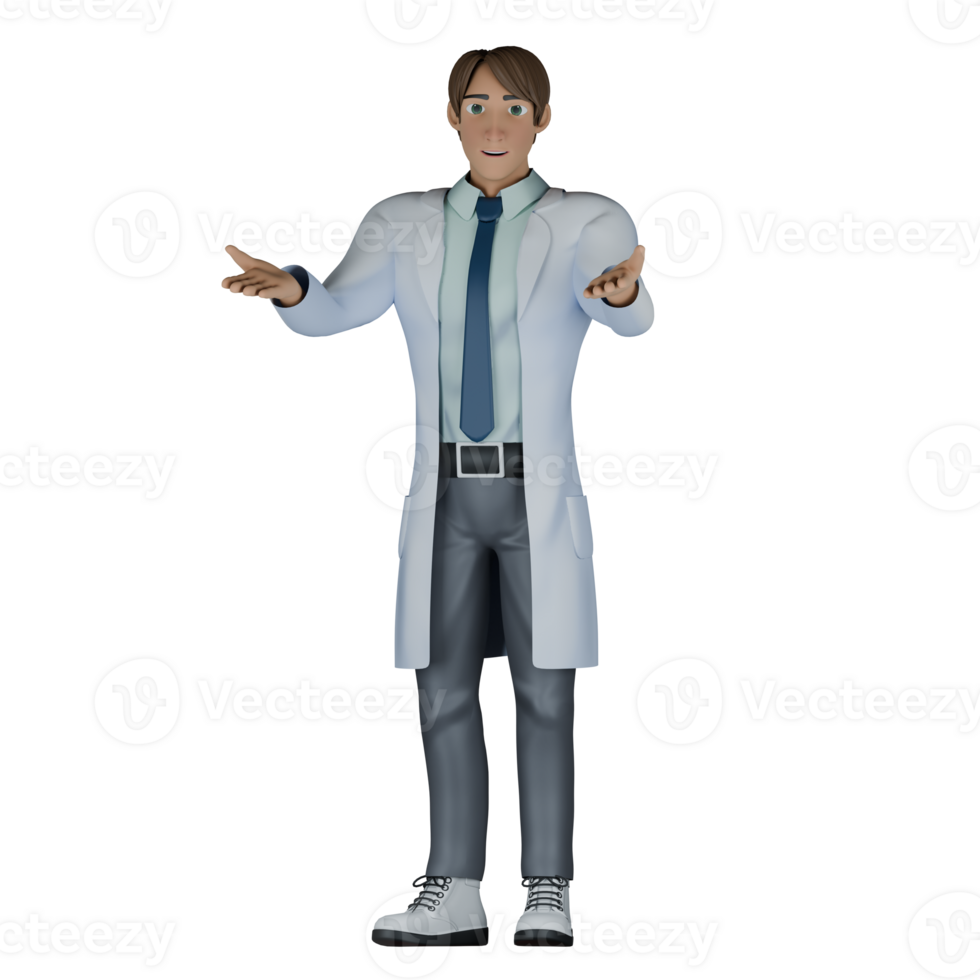 Doctor's Daily Routine in 3D. A male doctor stands while both hands are raised with palms facing up. Male Cartoon png