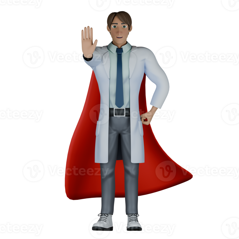 Professional Male Healthcare Character. A male doctor is standing wearing a red robe with his left hand on his waist while his right hand is extended forward making a stop symbol. 3D Doctor png