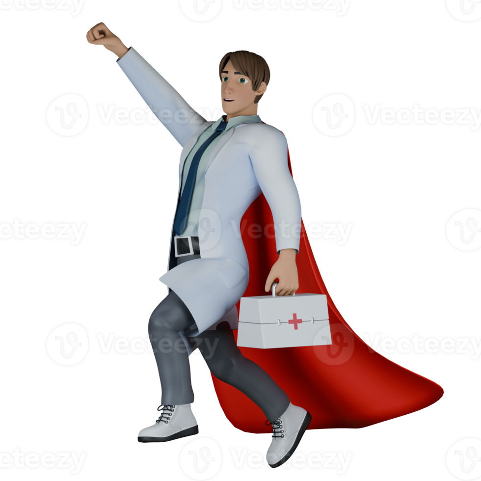 Professional 3D Doctor. A male doctor wearing a red robe poses like a superhero who wants to fly with a first aid bag in his left hand. Male Medical Expert png