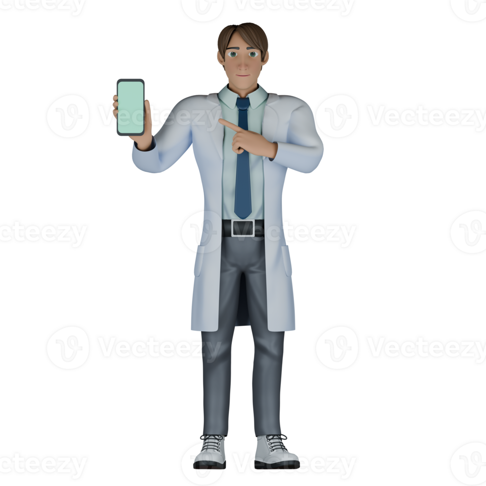 Animated Male Doctor. A male doctor stands with his right hand holding a cellphone while his left hand is in front of his chest pointing at the cellphone with his index finger png