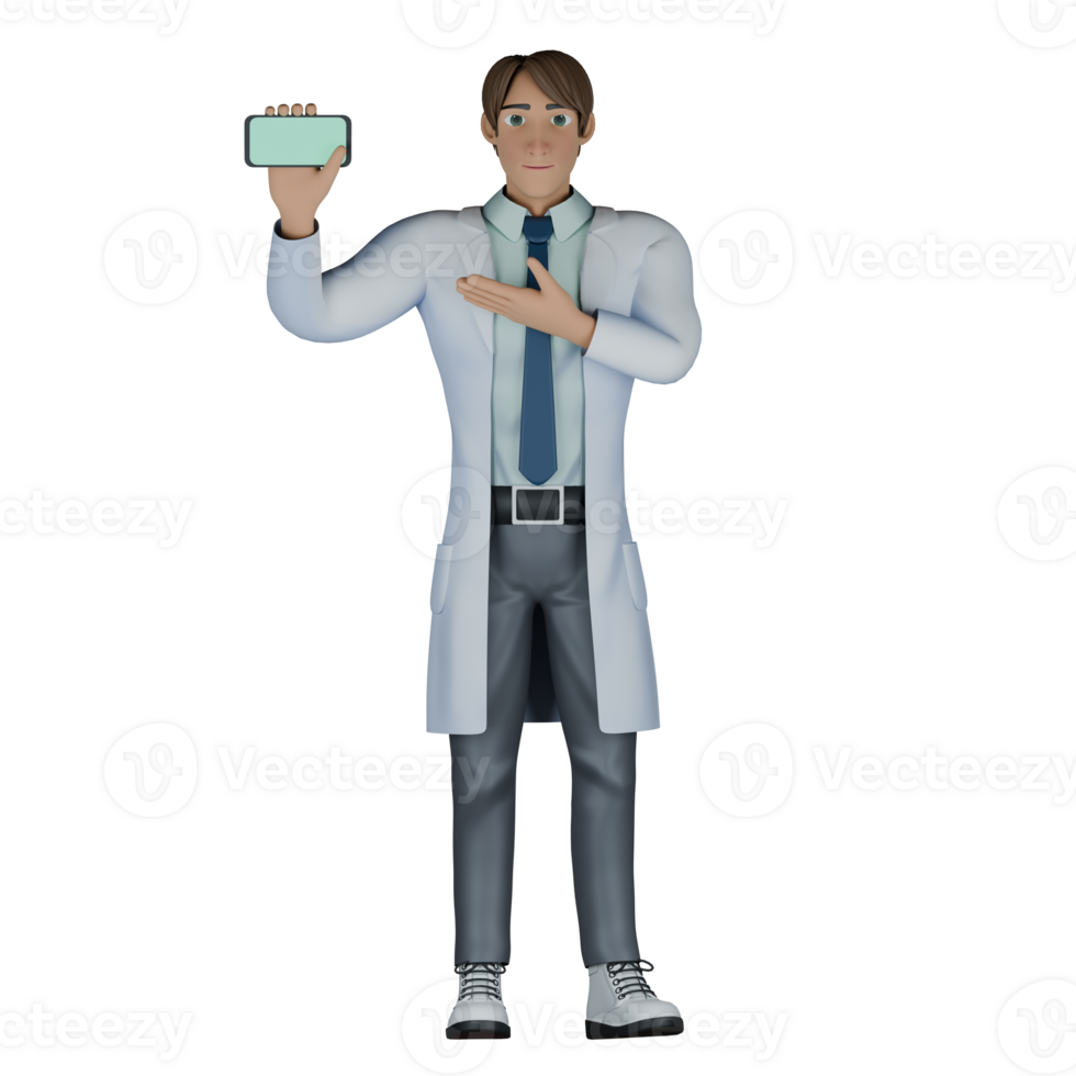 A male doctor stands with his right hand holding a cellphone while his left hand is in front of his chest with an open palm facing upwards pointing at the cellphone. Professional Male Doctor png