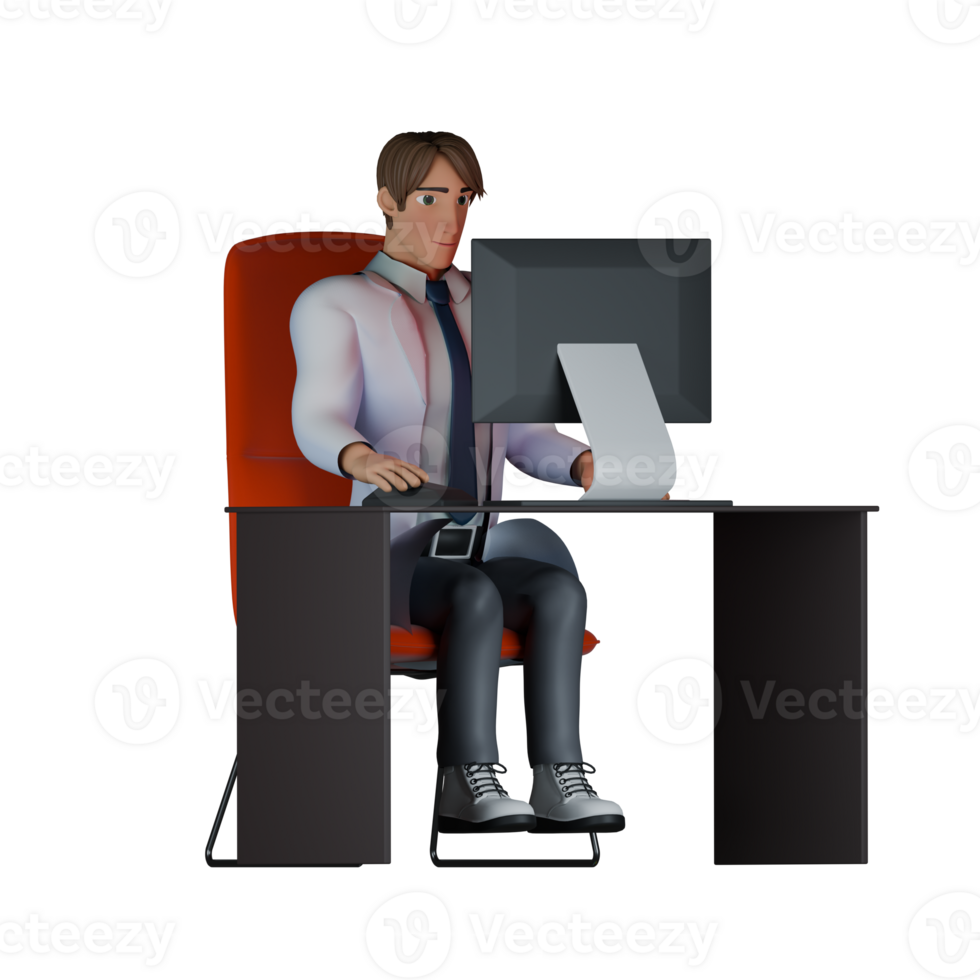 Male Medical Artist 3D Model. A male doctor sits in front of him there is a work desk and a computer as if he is focused on working. Doctor Cartoon png