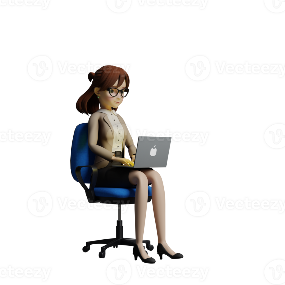 Professional Teacher 3D Art. A female teacher sits with her laptop on both legs, as if she is focused on working. Male Character png