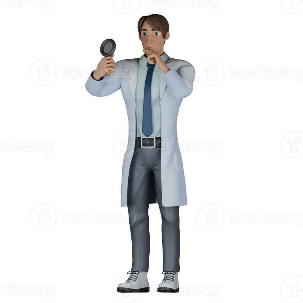 Male Doctor in 3D Professional Healthcare. A male doctor stands with his left hand on his chin while the right hand holds a magnifying glass. Cartoon png