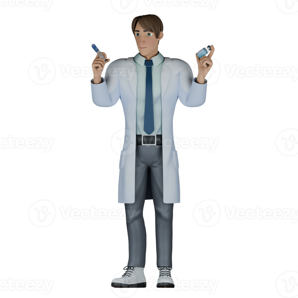 Healthcare Provider in 3D. A male doctor is standing holding a vial containing a medicinal liquid in his left hand and a syringe in his right hand. Cartoon Doctor png