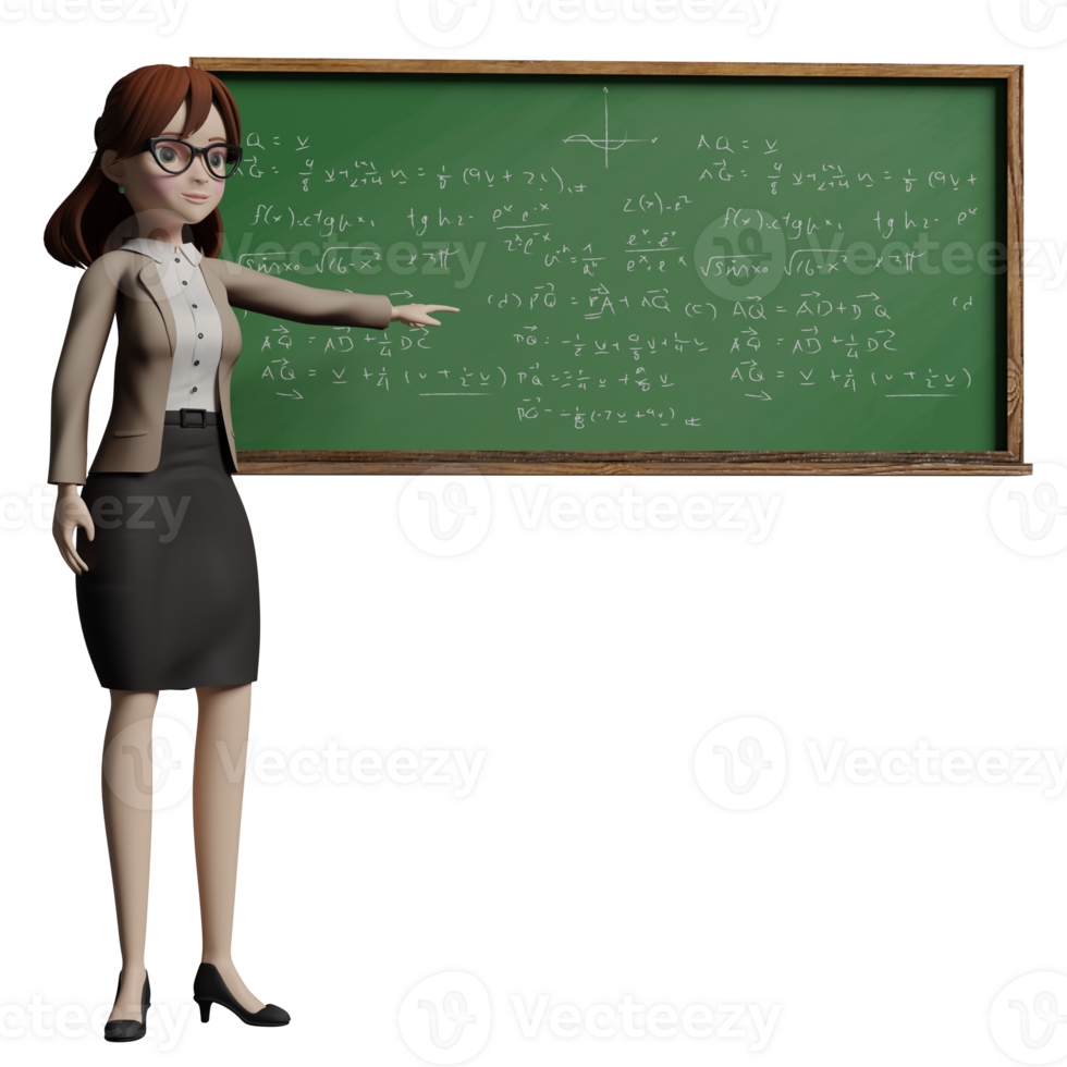 Illustrated 3D Educator. A female teacher stands in front of a blackboard with her left hand pointing at the blackboard. Male Teacher Cartoon png