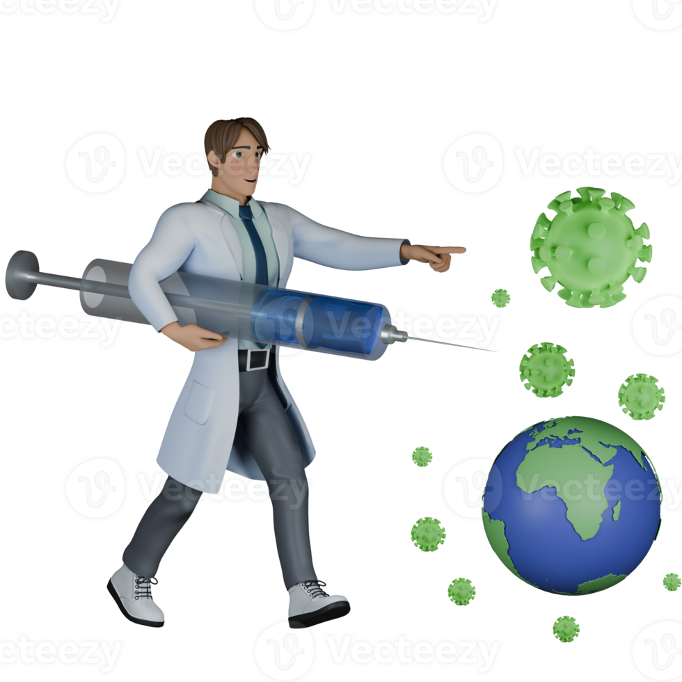 3D Urban Male. A male doctor walking towards the earth where there is a virus while carrying a large needle in his left hand while the right hand points towards the virus png