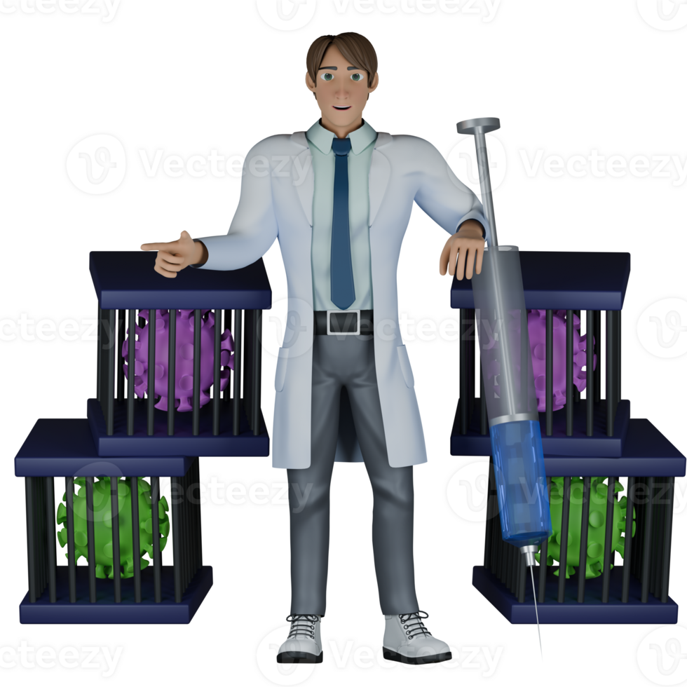 3D Male Doctor in Surgery. A male doctor standing in front of a virus that is already in a box while his left hand holding a syringe. Medical png