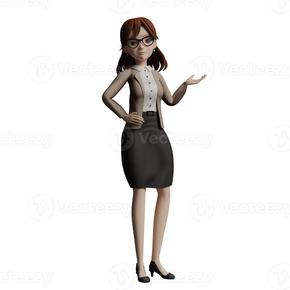 Educational Expert 3D Model. A female teacher stands with her arms open as if she is explaining something while her other hand is on her waist. Teacher Cartoon png