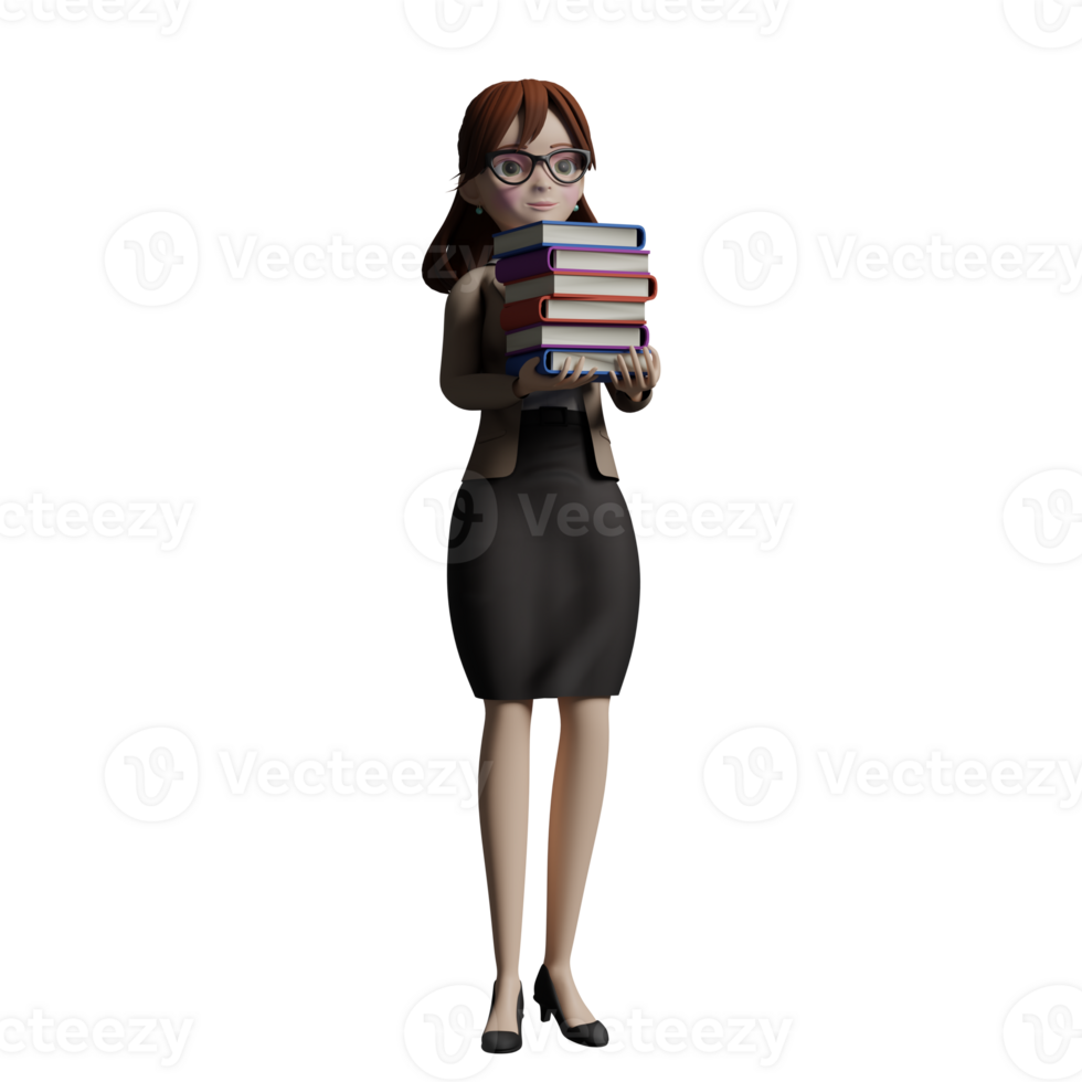 Education Provider 3D. A female teacher stands with both hands carrying a pile of books in front of her body. female Teacher Cartoon png