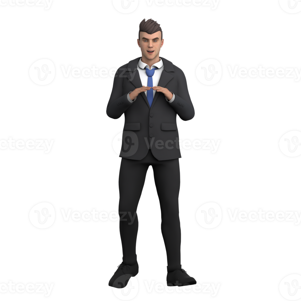 3D Cartoon of Male Lawyer. A male lawyer with both hands in a triangular position in front of his body, which depicts a calm and structured attitude. Professional png