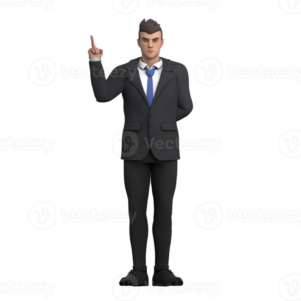 Cartoon Male Lawyer. A male lawyer stands with his hands behind his body while his right finger points, as if he wants to convey a point in a presentation. 3D Law Professional png