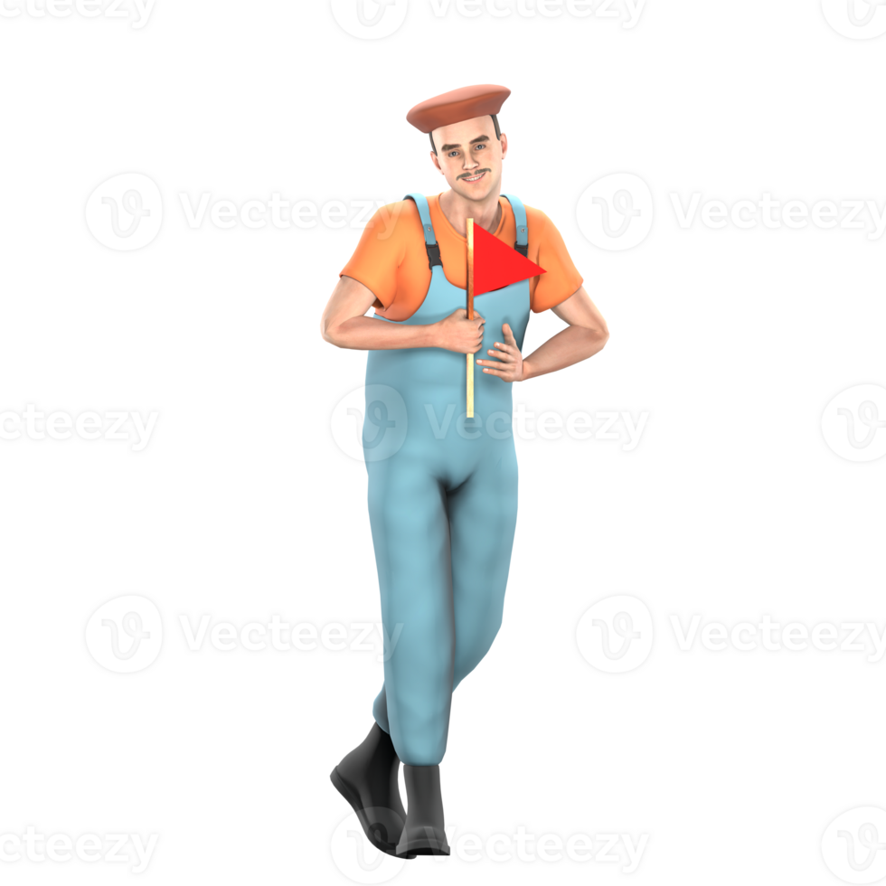 3D Male Painter in Action. A male painter stands with his right hand carrying a red flag in front of his body. Professional Artistic Model png