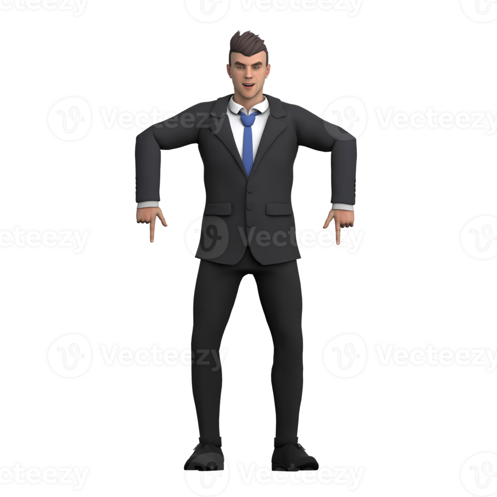 3D Urban Male. A male lawyer stands with both hands parallel to his shoulders and his index finger pointing down png