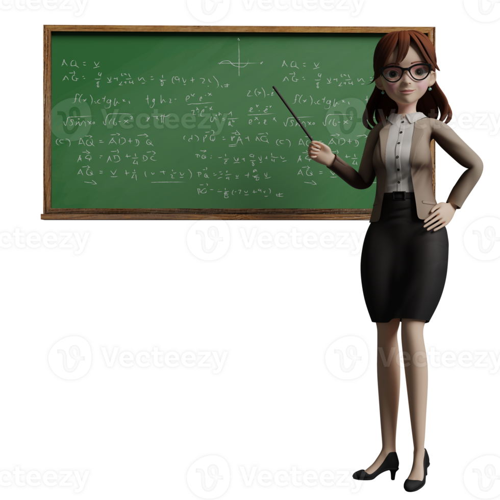 female Teacher Cartoon in 3D. A female teacher stands in front of a blackboard with her right hand pointing at the material on the board with a pointer while her left hand is on her waist. png