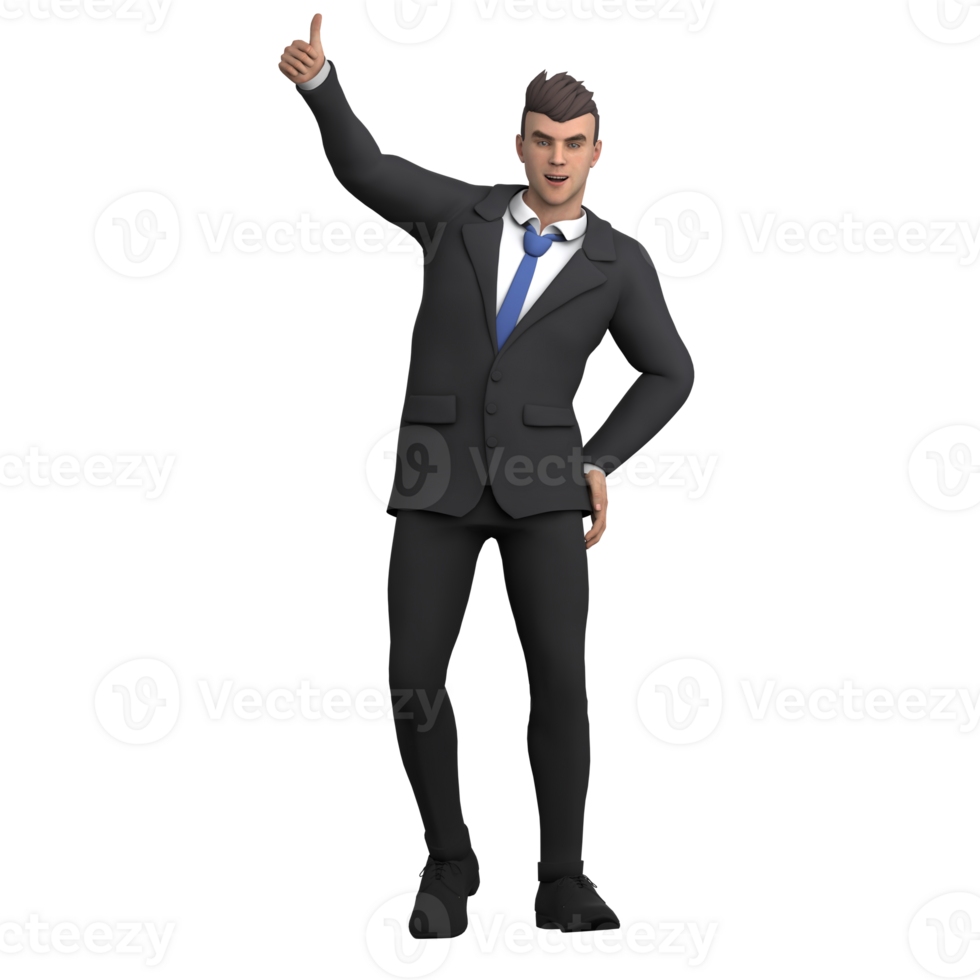 Animated Male Lawyer. A male lawyer stands with his left hand on his hip and his right hand raised while giving a thumbs up, as if approving a presentation. 3D Legal Professional png