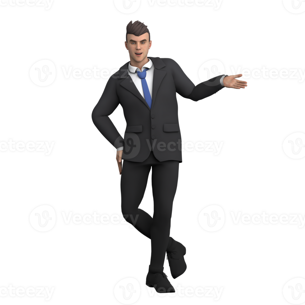 Professional Legal Advisor Character. A male lawyer stands in a position as if leaning back with his legs folded and his left hand open to the side, as if communicating. 3D Male Model png