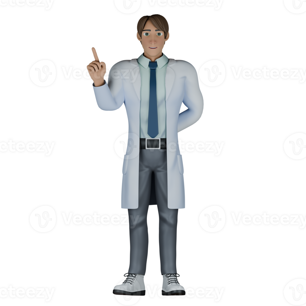 3D Model of Cartoon Doctor. A male doctor stands with his right hand pointing up while his left hand is behind. Healthcare Expert png