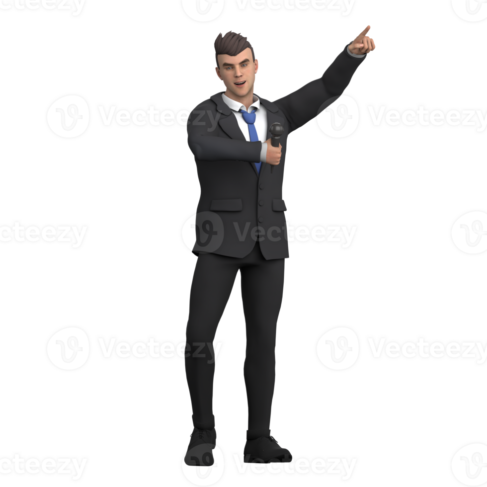 of a Male Lawyer. A male lawyer is holding a microphone and pointing his left hand forward, as if he is giving an important presentation. 3D Style png