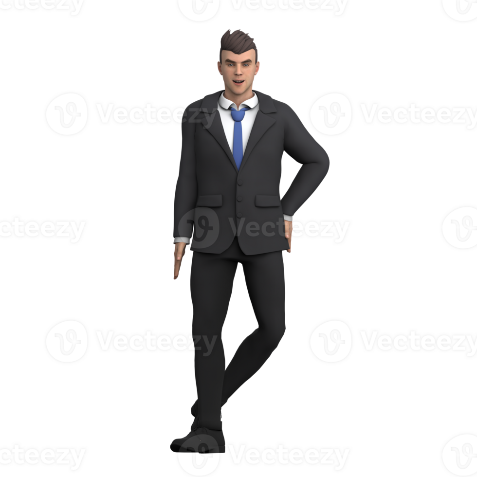 3D Male Lawyer in Court. A male lawyer stands with his left foot behind his right foot while his left hand is on his waist png