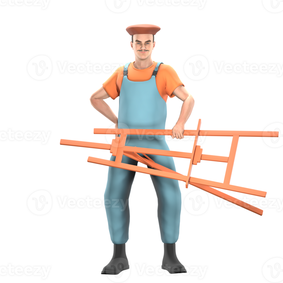 Male Cartoon Painter Character. A male painter stands carrying a painting stand with both hands. 3D Artful Expression png
