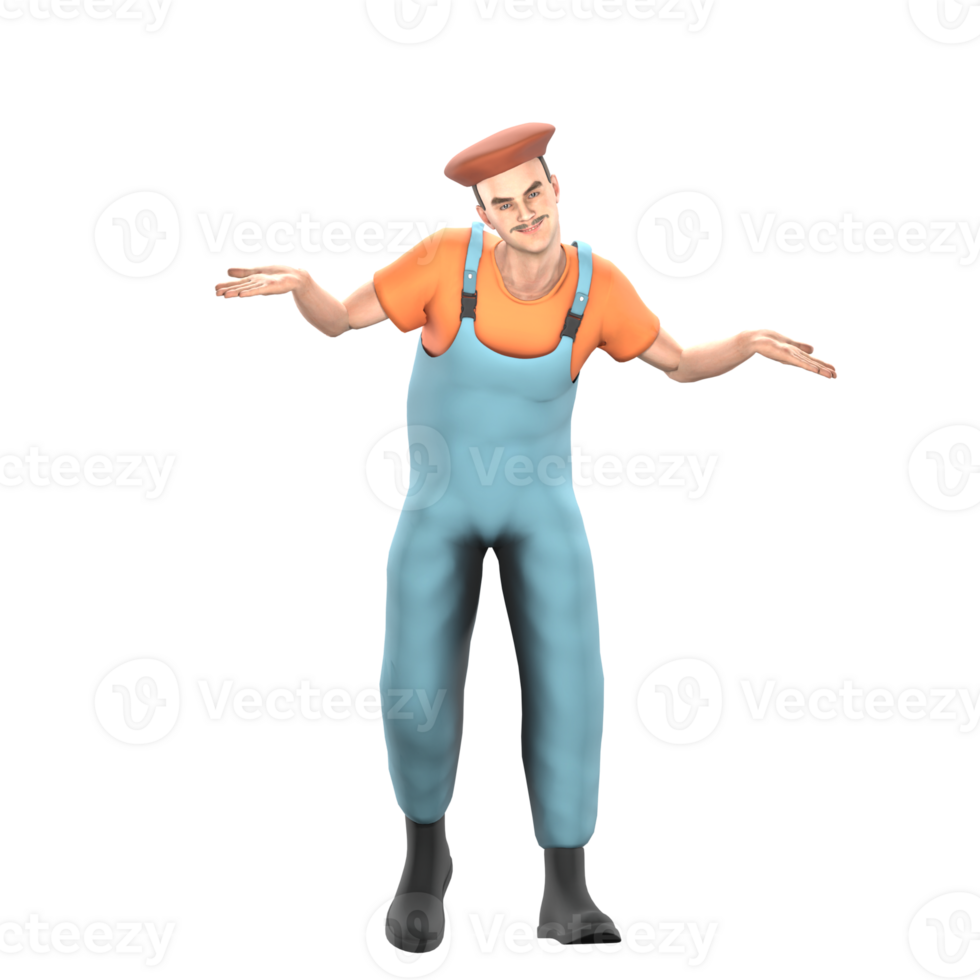3D Art Practitioner. A male painter stands with both hands raised to shoulder height and pointing to the side, with palms facing up. Male Painter Model png