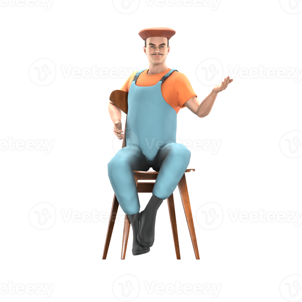 of Art Expert. A male painter sits with his right hand on the back of the chair while his left hand is raised with the palm facing up. . Male Painter Cartoon png