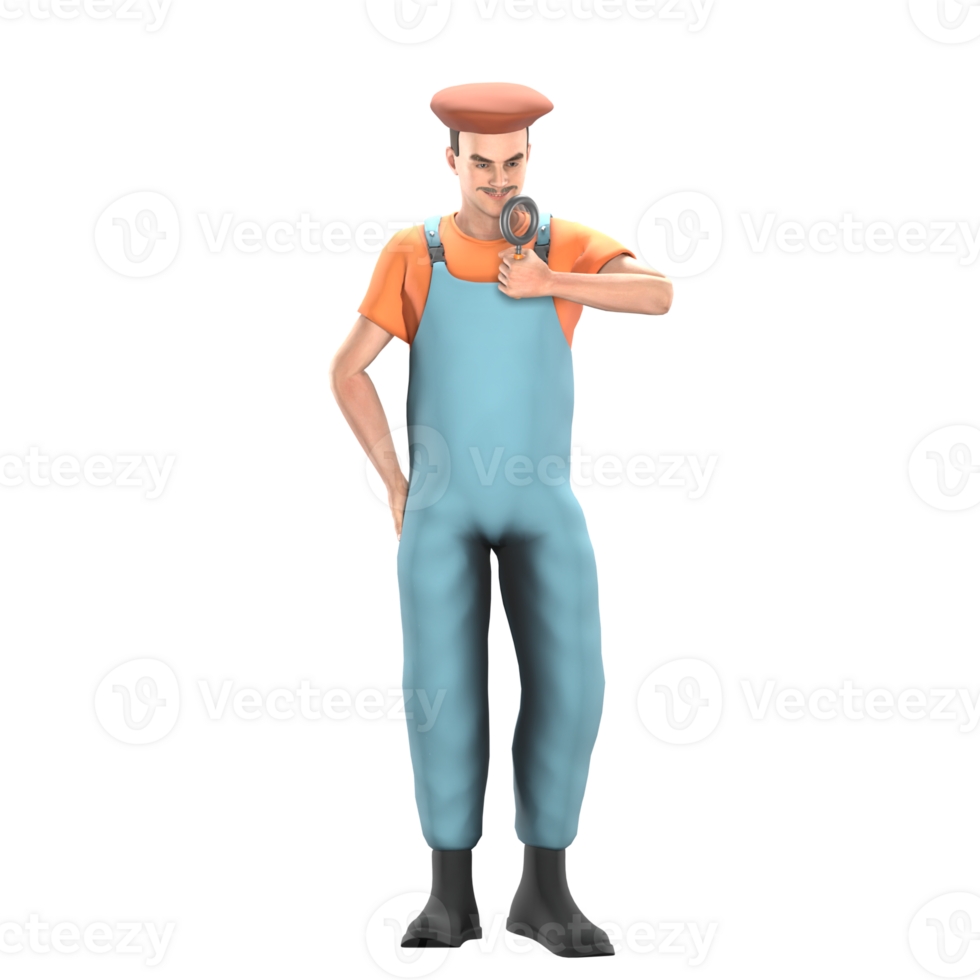 Animated Professional Painter. A male painter stands with his left hand holding a magnifying glass while his right hand is in his trouser pocket. 3D Male Cartoon png