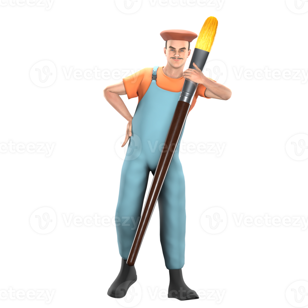 Male Painter Art Professional. A male painter stands with his left hand holding a large paintbrush while his right hand is on his waist, his body slightly tilted to the side. 3D Cartoon Model png