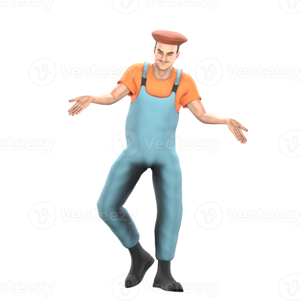 3D Male Painter Crafting Art. A male painter stands with his right leg slightly bent and both palms facing upwards. Cartoon Style png