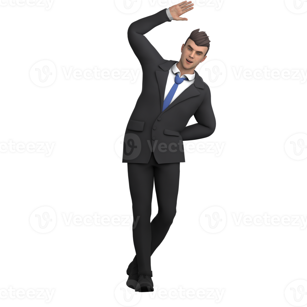 Professional Male in Legal. A male lawyer is waving with his body tilted to the side, as if giving a friendly greeting to the audience. 3D Lawyer Cartoon png