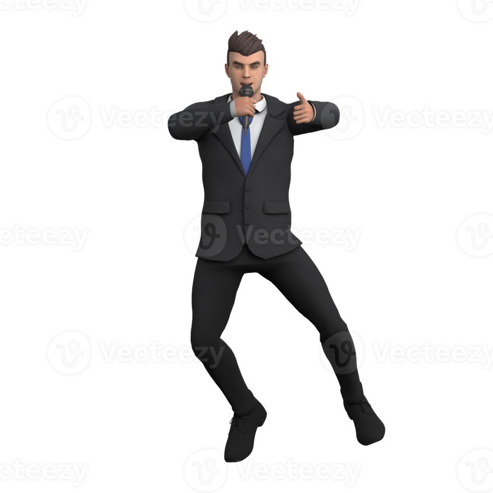 Male Lawyer with Briefcase. A male lawyer in a jumping position while holding a microphone and pointing his thumb up with his left hand, as if announcing success png