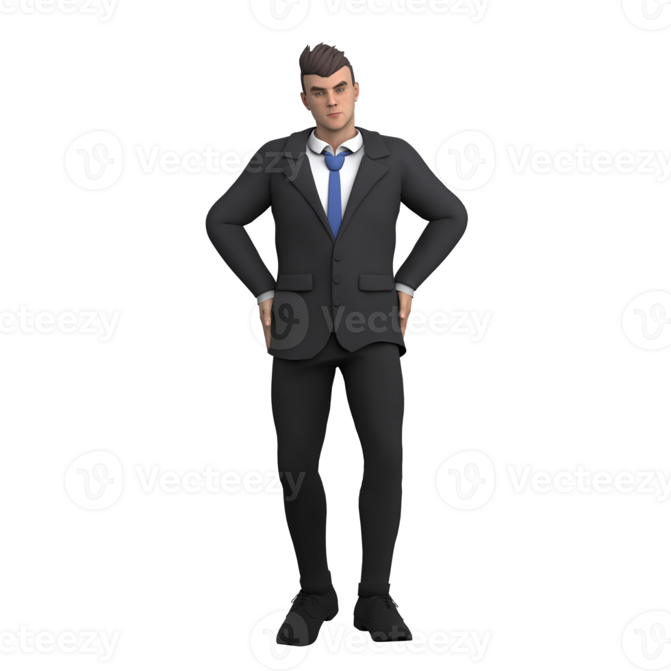 Legal Advisor in 3D. A male lawyer stands with both hands holding his hips, as if disagreeing or hesitant. Cartoon Lawyer png