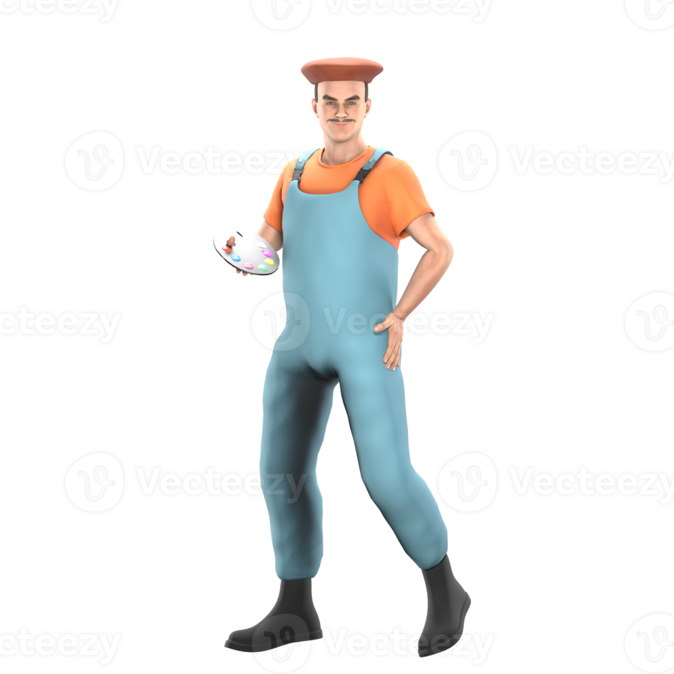 3D Art Character. A male painter stands with his right hand holding a painting palette while his left hand is on his waist. Male Painter Cartoon png