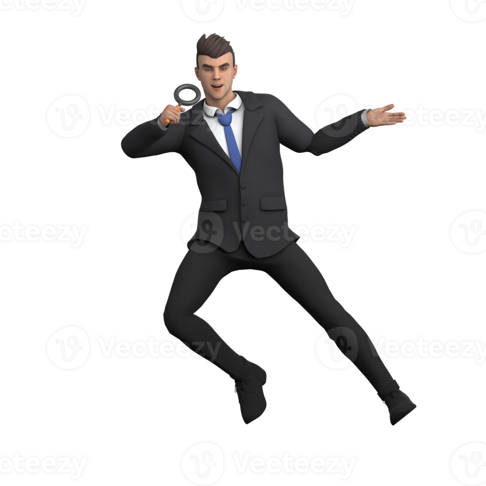 profesional legal masculino. un masculino abogado es saltando emocionado mientras participación un aumentador vaso en uno mano. 3d abogado png