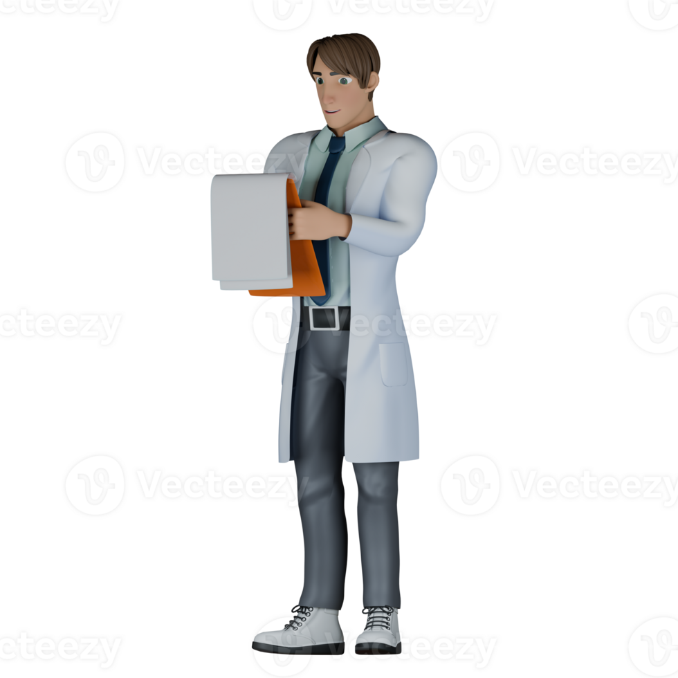 Male Doctor Cartoon in 3D. A male doctor stands reviewing important information from a clipboard. Clinic Scene png