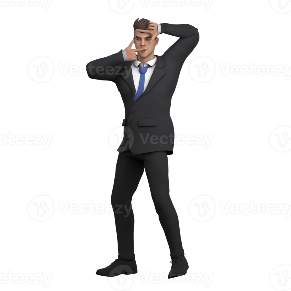 Professional 3D Male Legal Lawyer. A male lawyer stands with the index fingers and thumbs of both hands forming a rectangle placed in front of his face. Cartoon png