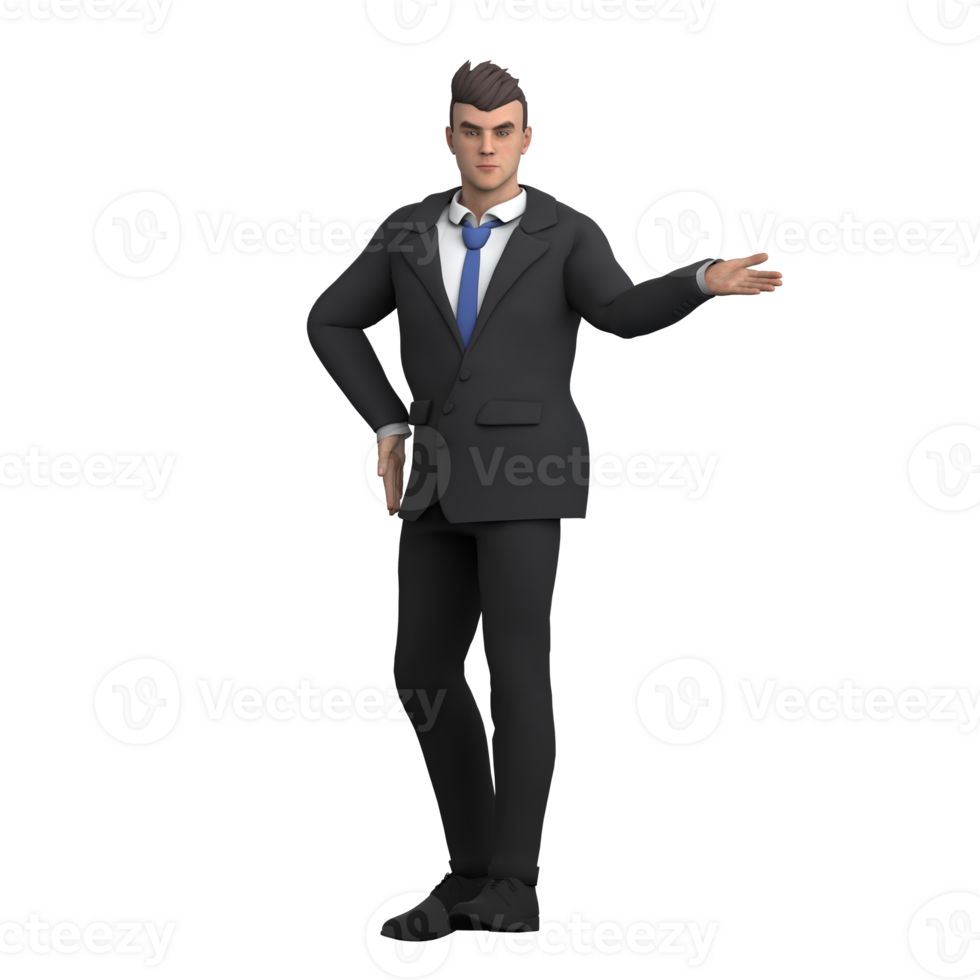 Illustrated 3D Attorney. A male lawyer stands with his hand on his hip and his other hand out to the side, as if explaining a point in a presentation. Male Legal Expert png