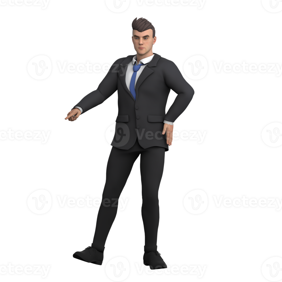 Lawyer Character 3D. A male lawyer stands leaning slightly forward with his right hand in front, as if about to convey something. Illustrated Male Attorney png