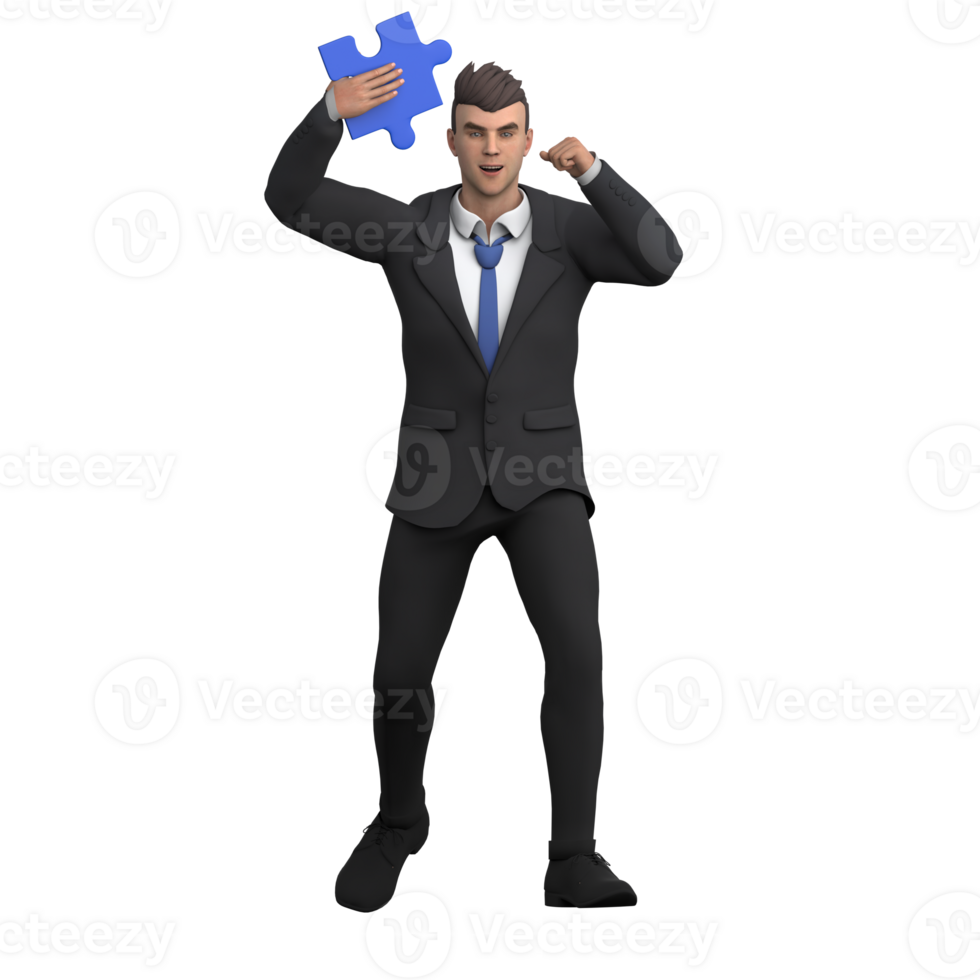 of Professional Male Lawyer. A male lawyer stands with his right hand lifting the puzzle upwards while his left hand bends upwards while clenching his palms png