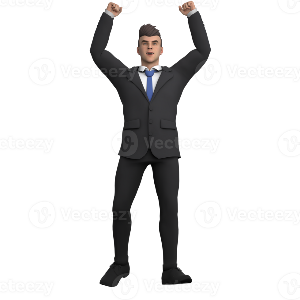 3D Lawyer Male in Professional Setting. A male lawyer stands with both fists raised png